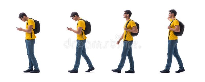 El estudiante con la mochila aislada en blanco
