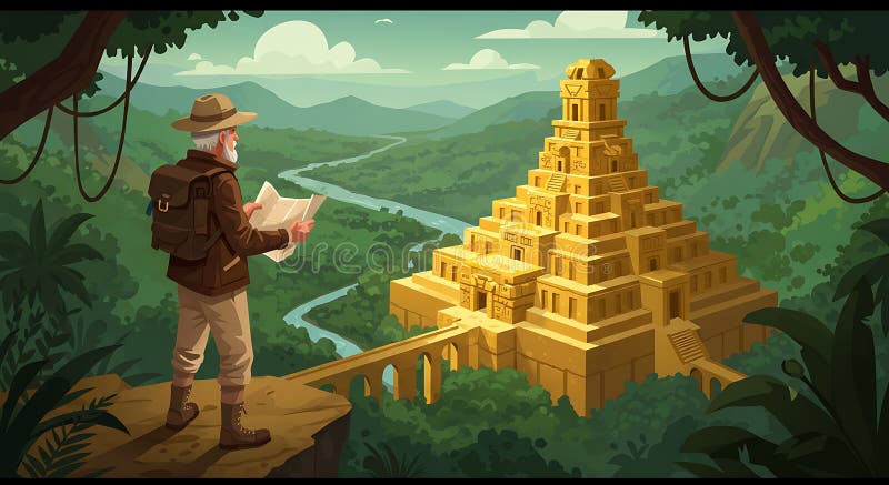 El Explorador se alza sobre un acantilado en una densa jungla sosteniendo un mapa y contemplando una gran ilustración del vector