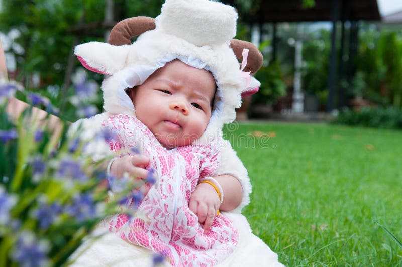 El Foco En El Bebé Recién Nacido Asiático Con Las Pequeñas Ovejas De Los Trajes En El Jardín La Madre La Está Deteniendo de archivo - Imagen de color,