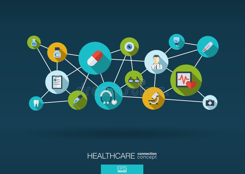 El fondo abstracto de la medicina con las líneas, círculos e integra iconos planos ilustración del vector El fondo abstracto de la medicina con las líneas, círculos e integra iconos planos ilustración del vector