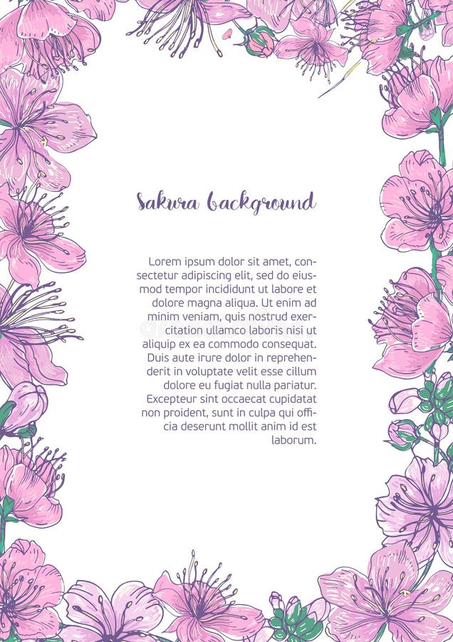 El fondo coloreado con el marco floral consistió en las flores florecientes del rosa hermoso y los brotes del japonés Sakura dan ilustración del vector El fondo coloreado con el marco floral consistió en las flores florecientes del rosa hermoso y los brotes del japonés Sakura dan ilustración del vector