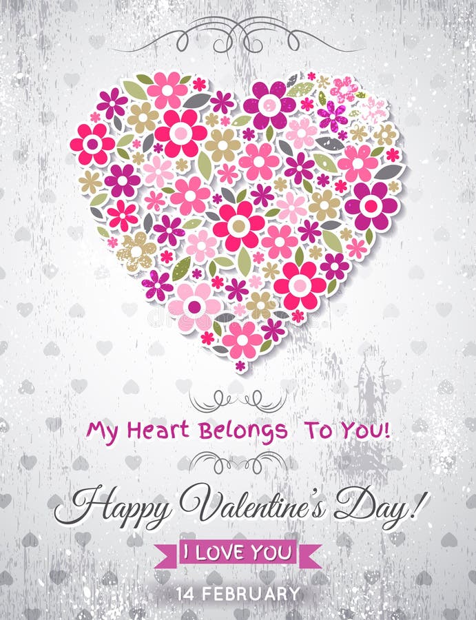 El fondo gris con el corazón de la tarjeta del día de San Valentín de la primavera florece ilustración del vector El fondo gris con el corazón de la tarjeta del día de San Valentín de la primavera florece ilustración del vector