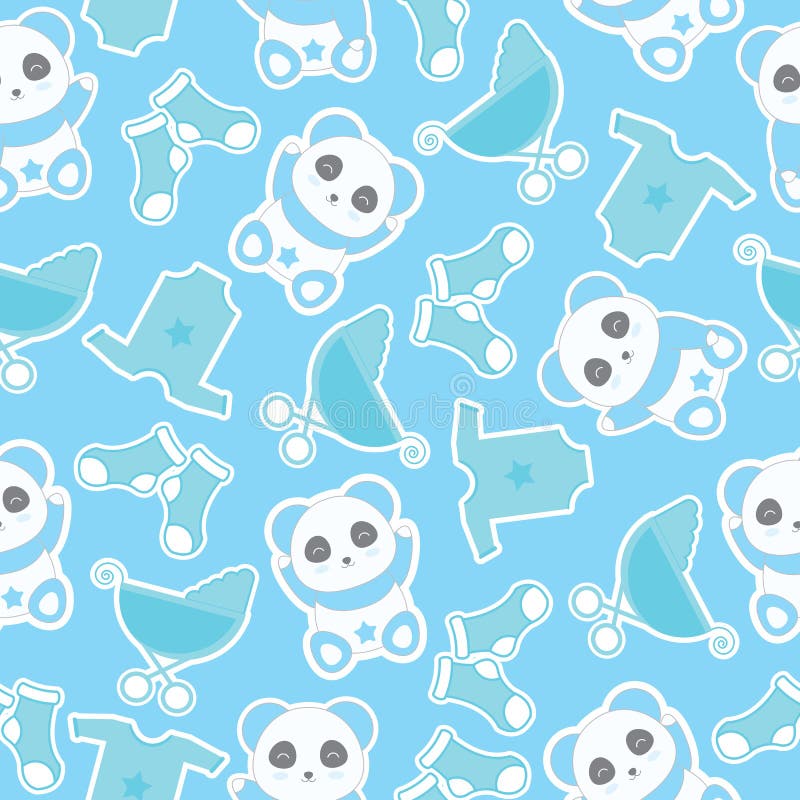 El fondo inconsútil del ejemplo de la fiesta de bienvenida al bebé con la panda y el bebé lindos del bebé viste en fondo azul libre illustration El fondo inconsútil del ejemplo de la fiesta de bienvenida al bebé con la panda y el bebé lindos del bebé viste en fondo azul libre illustration
