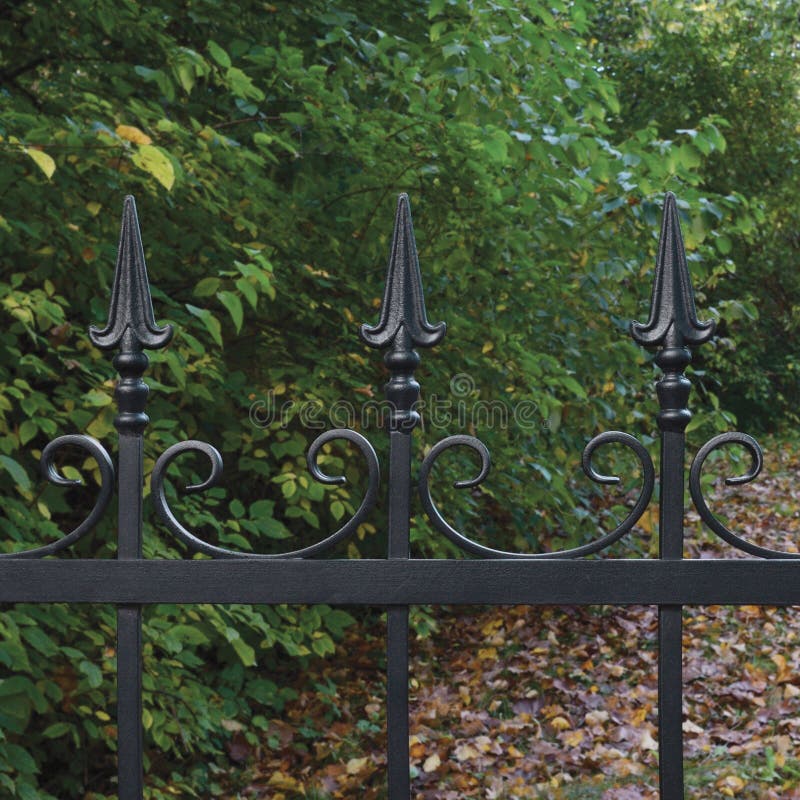 El fondo otoñal forjado de los árboles del hierro labrado del primer decorativo negro de la cerca caido sale de escena oscura gra imágenes de archivo libres de regalías El fondo otoñal forjado de los árboles del hierro labrado del primer decorativo negro de la cerca caido sale de escena oscura gra imágenes de archivo libres de regalías