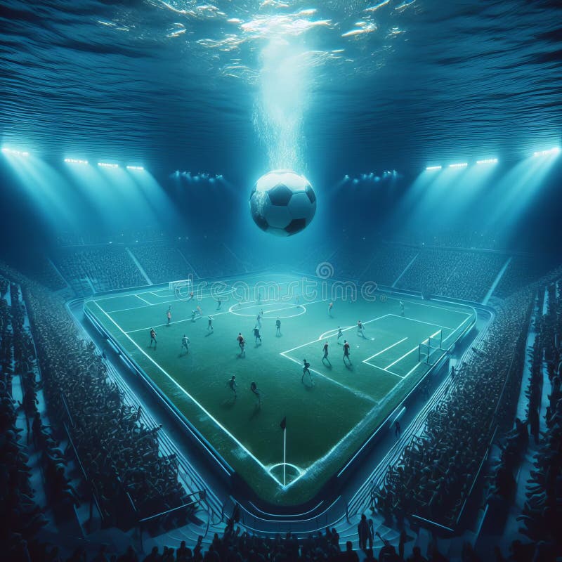 Underwater Football A scene where teams compete in an aquatic stadium, scoring goals with a ball that glows in the dark waters, photorealistic, cinem. Underwater Football A scene where teams compete in an aquatic stadium, scoring goals with a ball that glows in the dark waters, photorealistic, cinem