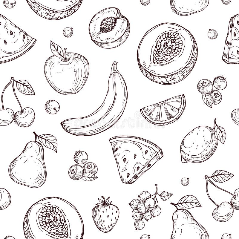 El garabato da fruto modelo inconsútil Bosqueje la textura sin fin del vector orgánico fresco de las bayas stock de ilustración El garabato da fruto modelo inconsútil Bosqueje la textura sin fin del vector orgánico fresco de las bayas stock de ilustración