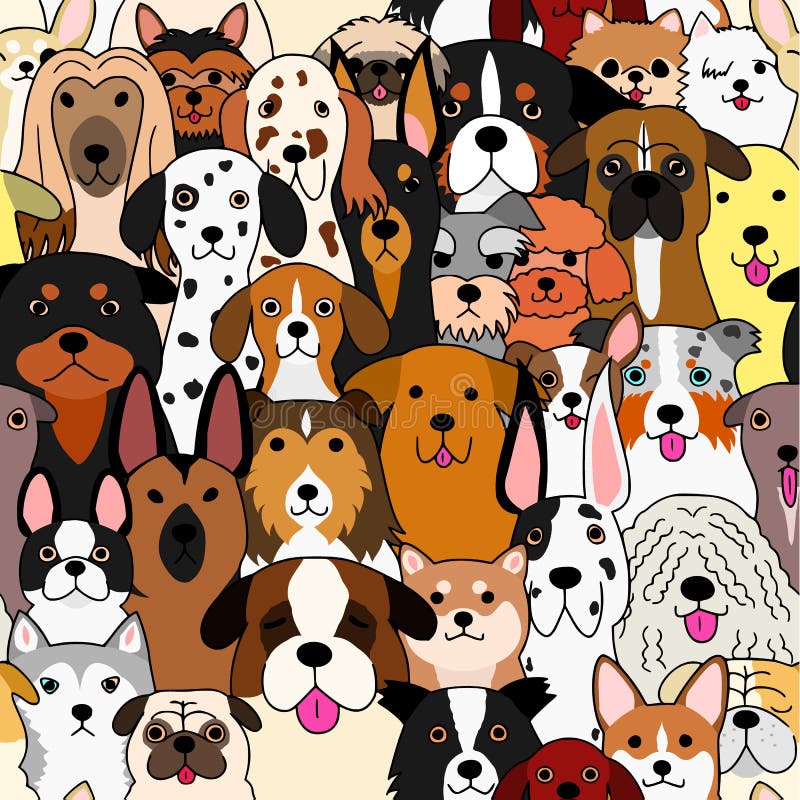Seamless doodle dogs colorful background, a lot of breeds in it. Seamless doodle dogs colorful background, a lot of breeds in it.