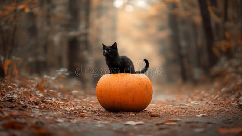 El gato se sienta en una calabaza hueca rodeada de hojas de otoño en esta imagen de cierre. Animales cortos dentro de naranja fotografía de archivo libre de regalías