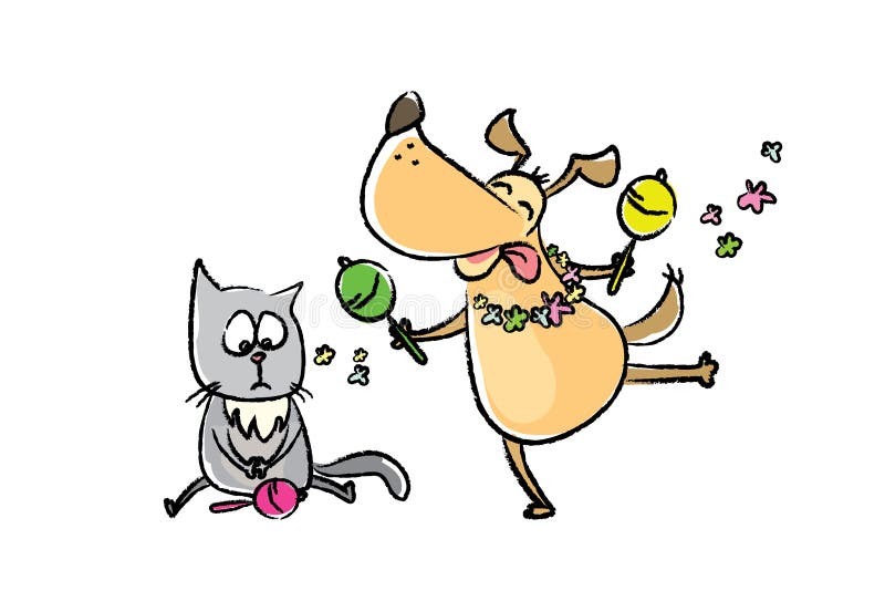El gato triste y el perro feliz baila con maracas libre illustration El gato triste y el perro feliz baila con maracas libre illustration