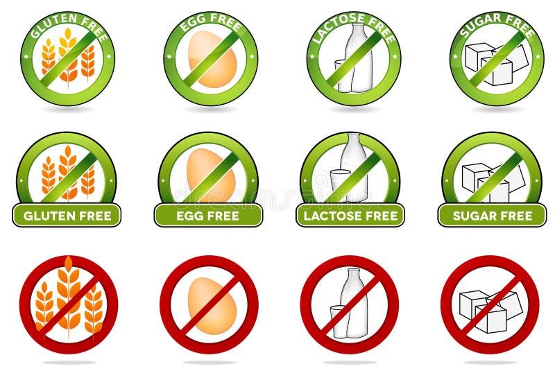 El gluten libera, huevo libre, sin lactosa y azúcar libre ilustración del vector El gluten libera, huevo libre, sin lactosa y azúcar libre ilustración del vector