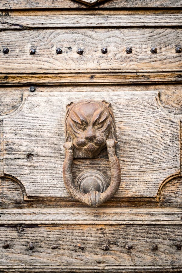 El golpeador de puerta antiguo formó la cabeza del ` s del león foto de archivo El golpeador de puerta antiguo formó la cabeza del ` s del león foto de archivo