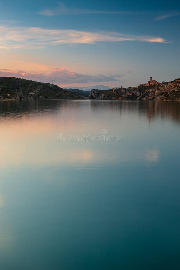 El Grado reservoir with the Torreciudad sanctuary in the background. September 17, 2022 the Marian Day of the Family stock photo