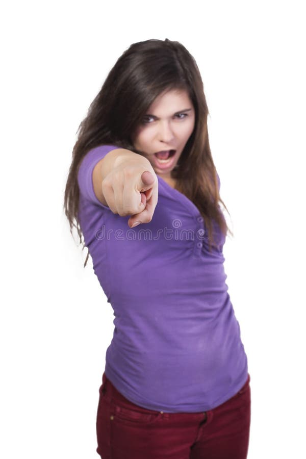 El grito enojado moreno de la mujer y señala un finger en usted fotos de archivo El grito enojado moreno de la mujer y señala un finger en usted fotos de archivo