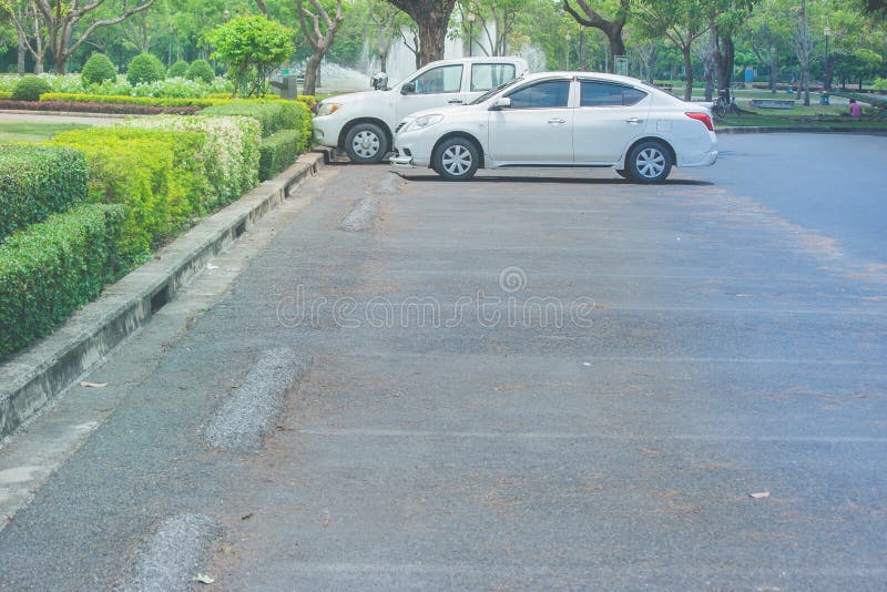 El grupo de coches parqueó en piso concreto en la porción del aparcamiento rodeada con natural verde foto de archivo El grupo de coches parqueó en piso concreto en la porción del aparcamiento rodeada con natural verde foto de archivo