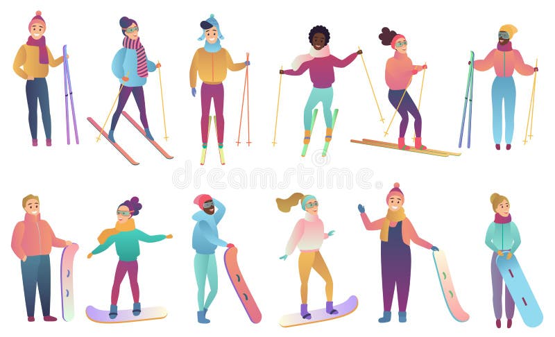 El grupo de esquiadores y de snowboarders lindos de la historieta en pendiente de moda colorea el ejemplo del vector stock de ilustración El grupo de esquiadores y de snowboarders lindos de la historieta en pendiente de moda colorea el ejemplo del vector stock de ilustración
