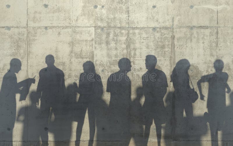 Group of people walking in a relaxed pose cast a shadow on the concrete wall. Conceptual creative illustration with silhouettes of men and women. Copy space. 3D rendering. Group of people walking in a relaxed pose cast a shadow on the concrete wall. Conceptual creative illustration with silhouettes of men and women. Copy space. 3D rendering