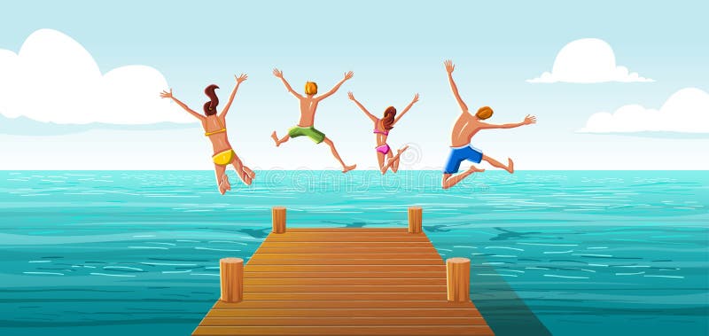 El grupo de personas que salta del embarcadero de madera en el agua Familia que se divierte que salta en la agua de mar stock de ilustración El grupo de personas que salta del embarcadero de madera en el agua Familia que se divierte que salta en la agua de mar stock de ilustración