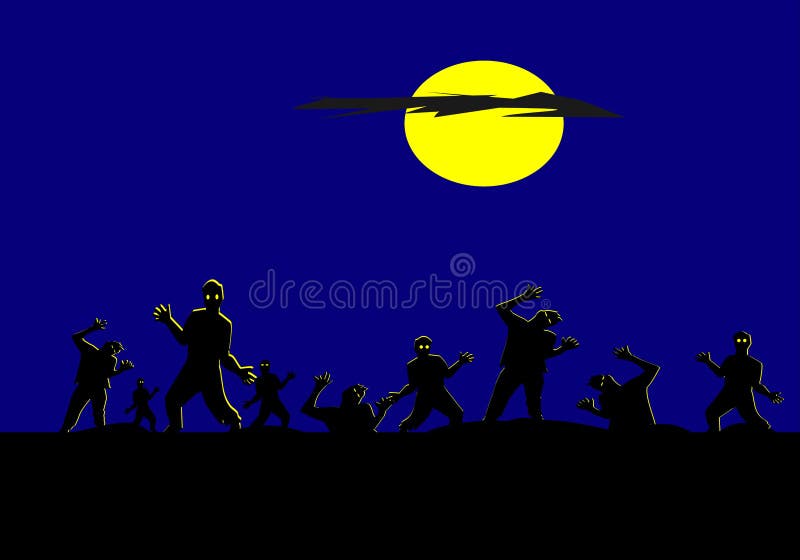 El grupo de zombis de la silueta tiene fondo de la luna y del cielo azul stock de ilustración El grupo de zombis de la silueta tiene fondo de la luna y del cielo azul stock de ilustración