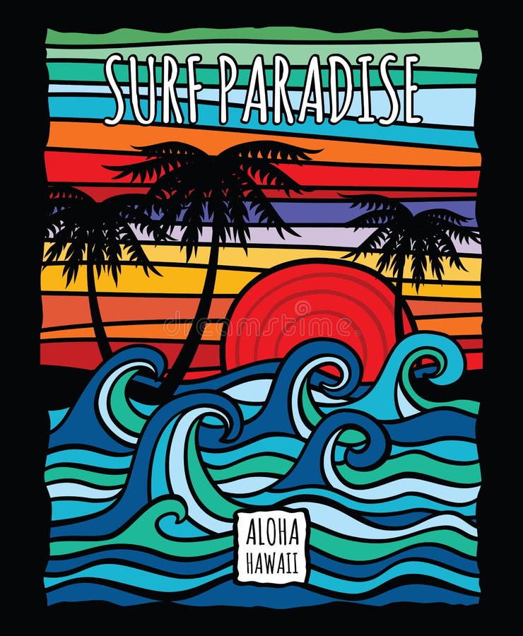 El gráfico de la resaca de la hawaiana de Hawaii del vintage con las olas oceánicas y la camiseta del vector de las palmeras dise