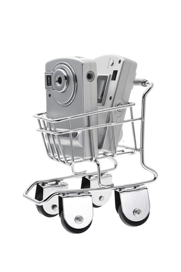 Digital cameras in mini push cart on white background. Digital cameras in mini push cart on white background