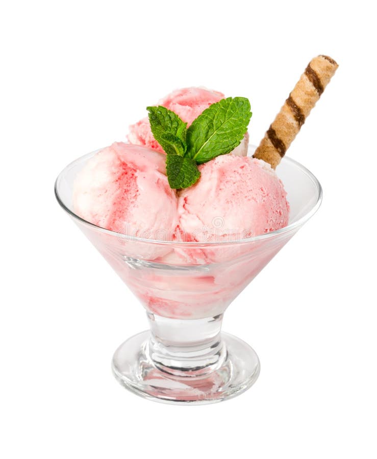 El helado de fresa con la menta fresca y la oblea se pegan en el vidrio va imágenes de archivo libres de regalías El helado de fresa con la menta fresca y la oblea se pegan en el vidrio va imágenes de archivo libres de regalías
