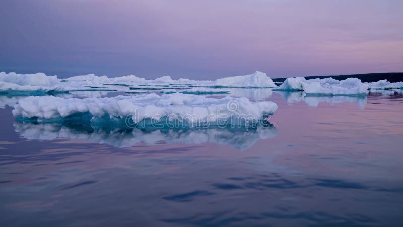El hielo del océano Ártico flotando al atardecer refleja la vulnerabilidad al calentamiento global la transición de la soledad a l stock de ilustración