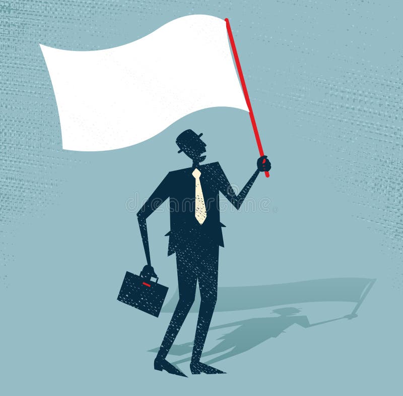El hombre de negocios abstracto agita la bandera blanca del defea ilustración del vector El hombre de negocios abstracto agita la bandera blanca del defea ilustración del vector