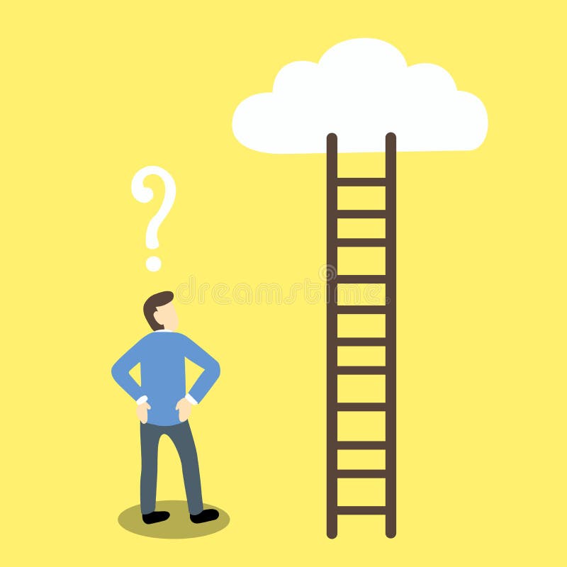 El hombre de negocios del ejemplo con un signo de interrogación sobre su cabeza está mirando una escalera que llevan para nublars stock de ilustración El hombre de negocios del ejemplo con un signo de interrogación sobre su cabeza está mirando una escalera que llevan para nublars stock de ilustración
