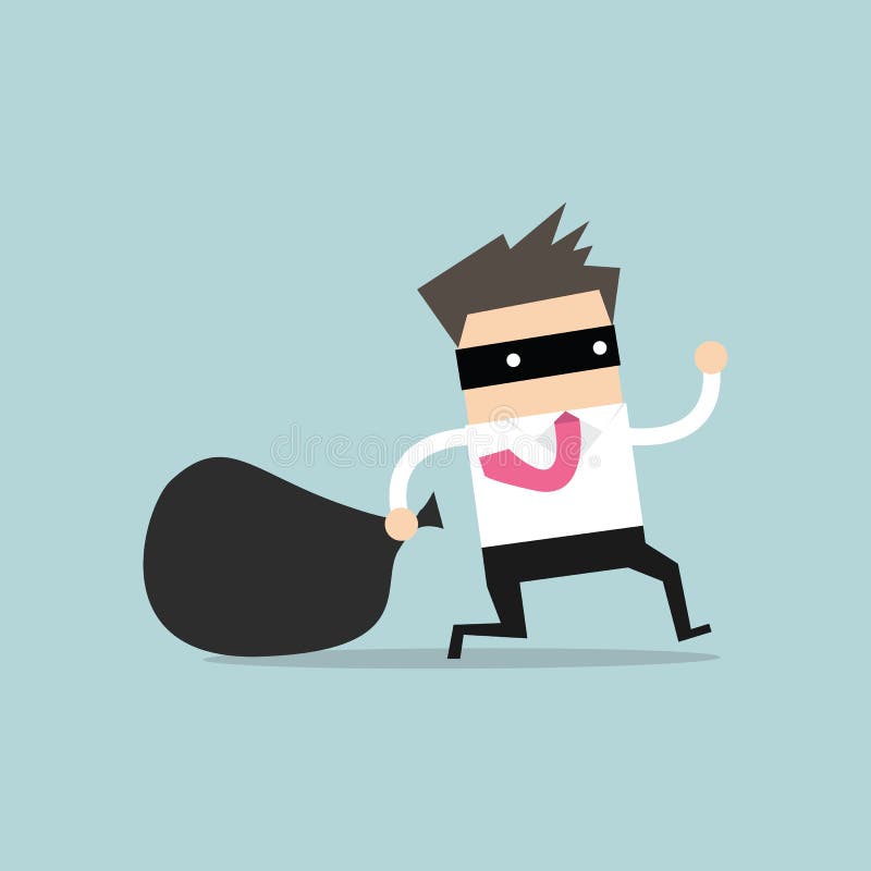 El hombre de negocios en máscara del ladrón huye con el bolso robado libre illustration El hombre de negocios en máscara del ladrón huye con el bolso robado libre illustration