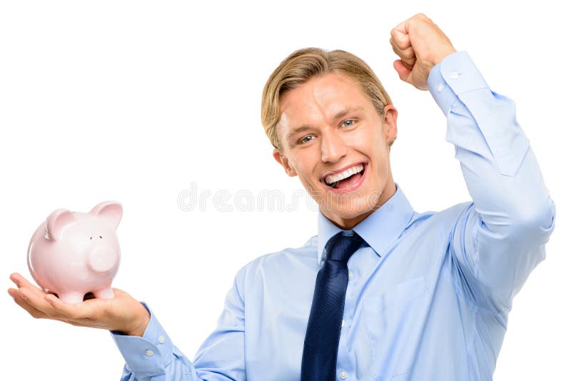 El hombre de negocios joven confiado que lleva a cabo el piggybank es aislador acertado fotografía de archivo libre de regalías El hombre de negocios joven confiado que lleva a cabo el piggybank es aislador acertado fotografía de archivo libre de regalías