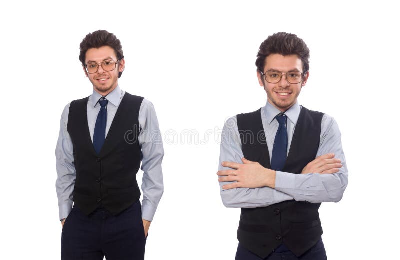El hombre de negocios joven en concepto divertido en blanco imágenes de archivo libres de regalías El hombre de negocios joven en concepto divertido en blanco imágenes de archivo libres de regalías