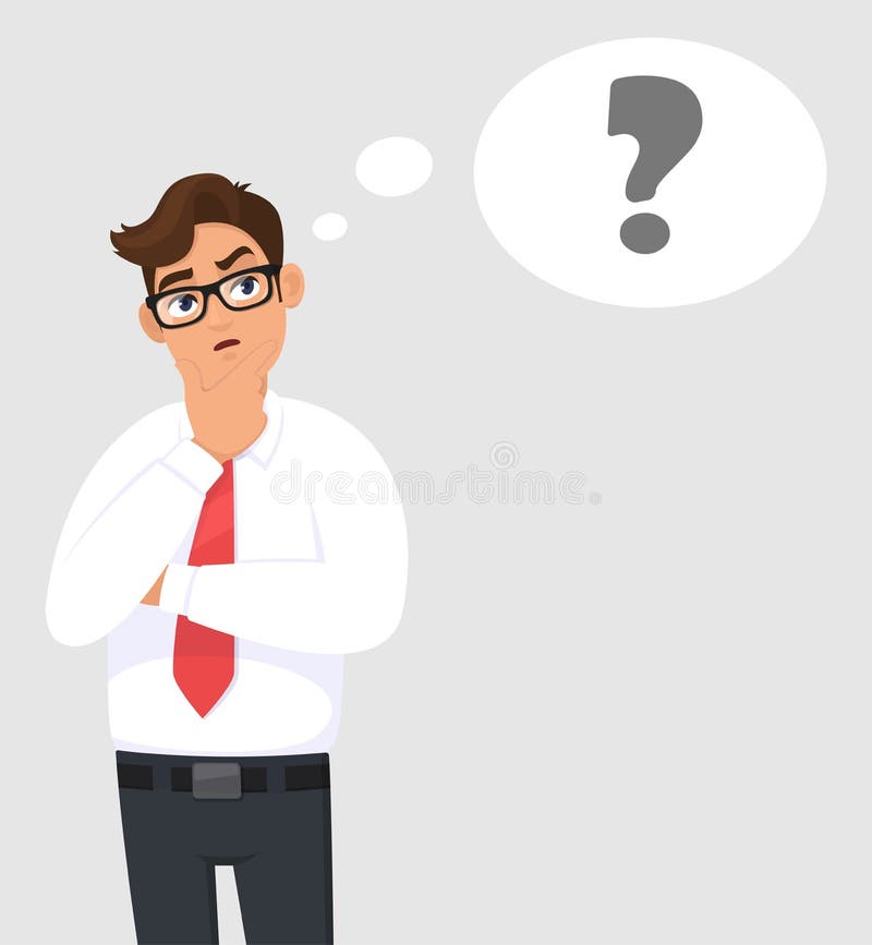 El hombre de negocios joven pensativo es de pensamiento y de mirada para arriba Signo de interrogación en la burbuja pensada Emoc ilustración del vector El hombre de negocios joven pensativo es de pensamiento y de mirada para arriba Signo de interrogación en la burbuja pensada Emoc ilustración del vector