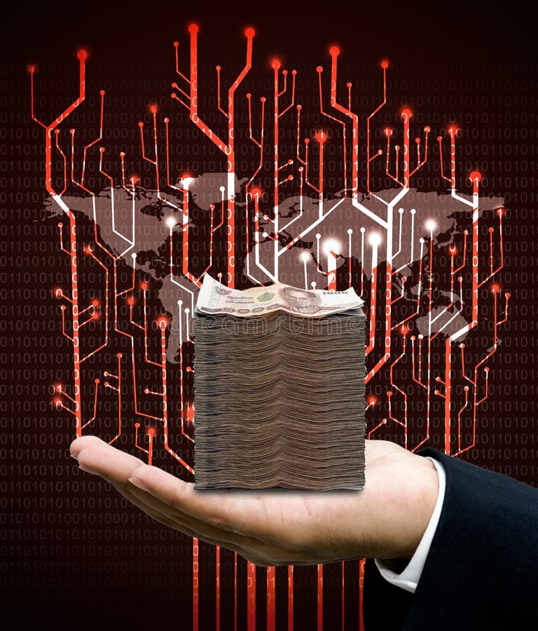 El hombre de negocios lleva el dinero con el circuito y el mapa del mundo digitales del árbol imagen de archivo El hombre de negocios lleva el dinero con el circuito y el mapa del mundo digitales del árbol imagen de archivo