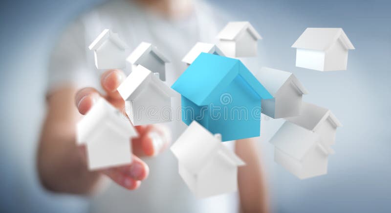 El hombre de negocios usando 3D rindió pequeñas casas blancas y azules ilustración del vector El hombre de negocios usando 3D rindió pequeñas casas blancas y azules ilustración del vector