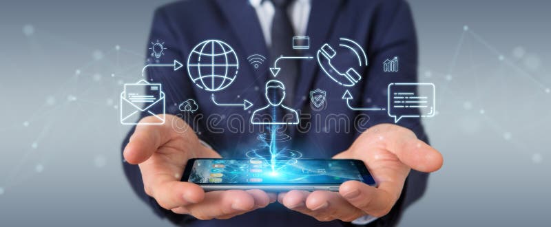 El hombre de negocios usando la l? nea fina iconos sociales de la red interconecta stock de ilustración