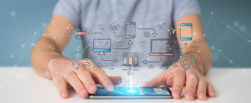El hombre de negocios usando los dispositivos de la tecnolog? a y los iconos enrarecen la l? nea interfaz stock de ilustración