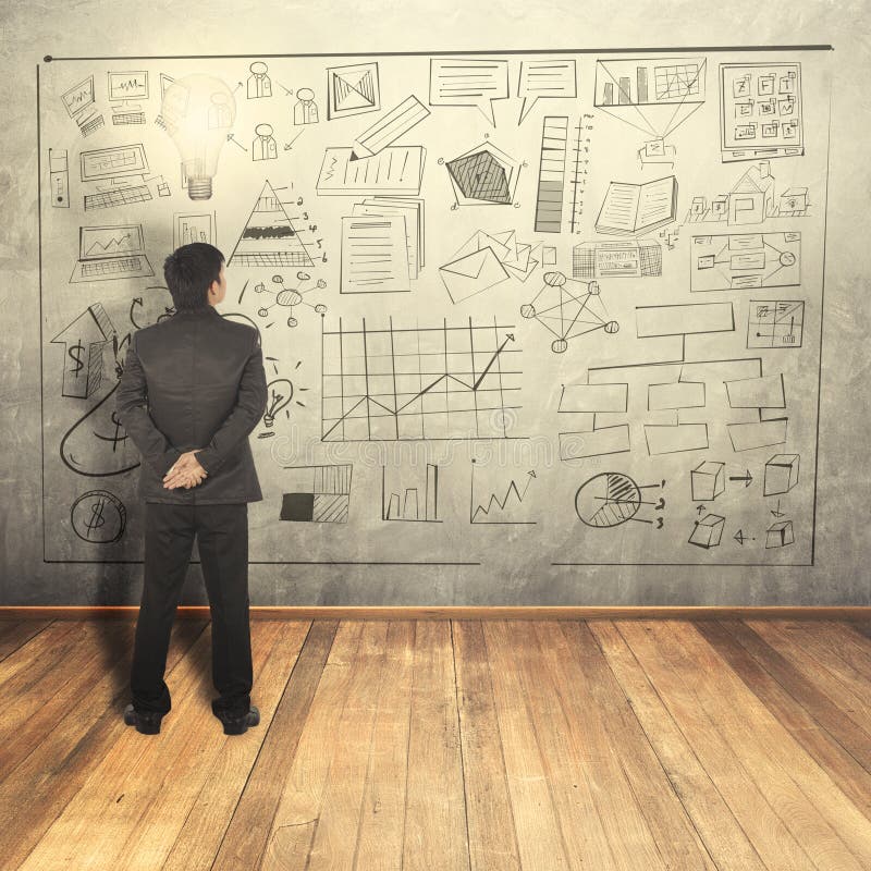 El hombre de negocios ve en el concepto del negocio en la pared stock de ilustración El hombre de negocios ve en el concepto del negocio en la pared stock de ilustración