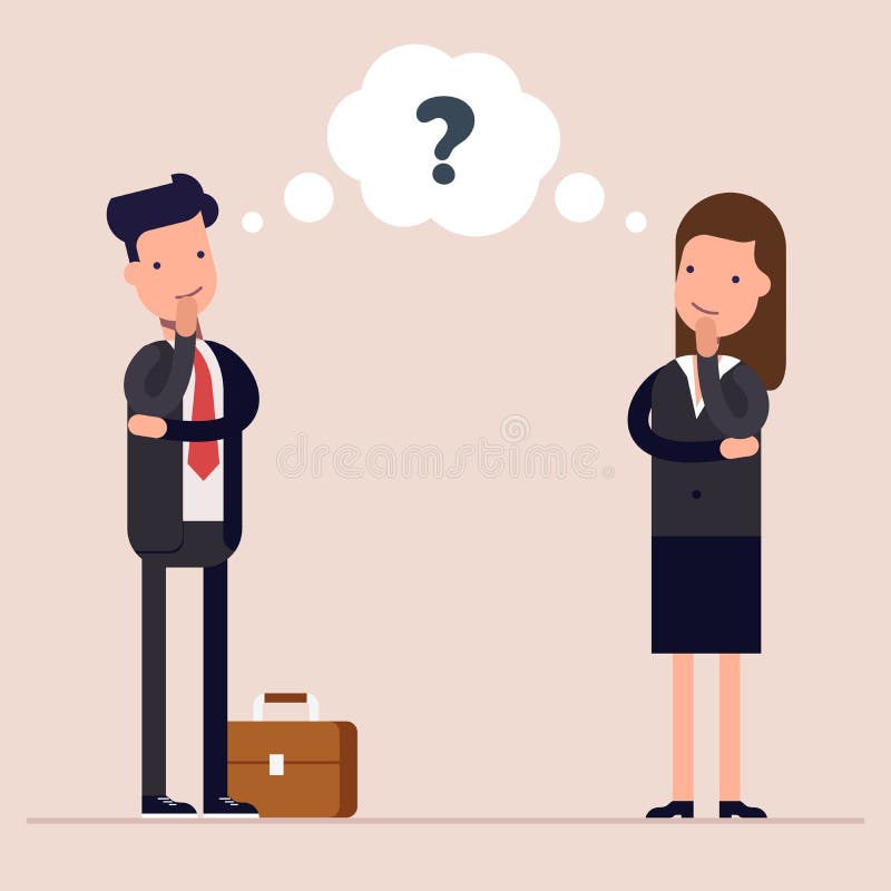 El hombre de negocios y la empresaria o los encargados piensa Signo de interrogación en burbuja del discurso Concepto del proceso stock de ilustración El hombre de negocios y la empresaria o los encargados piensa Signo de interrogación en burbuja del discurso Concepto del proceso stock de ilustración