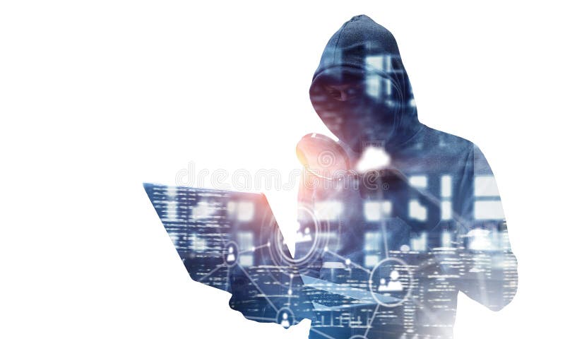 El hombre del pirata informático roba la información. Exposición doble del hombre del pirata informático que trabaja en el ordenador portátil y el paisaje urbano en el fondo blanco