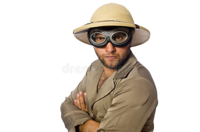 Nueve enemigo legislación El Hombre En Sombrero Del Safari Con Las Gafas En Blanco Foto de archivo -  Imagen de mochila, camuflaje: 61492930