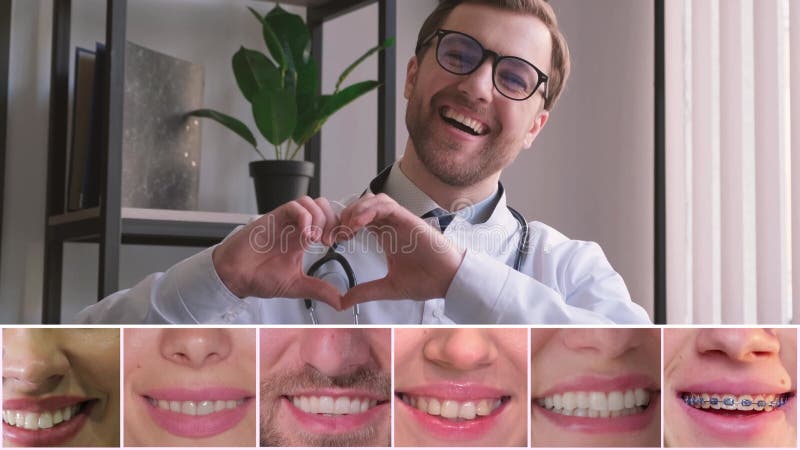 El hombre es dentista. bella sonrisa. odontología. collage de vídeo almacen de metraje de vídeo