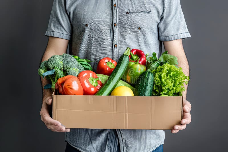 El hombre está sosteniendo una caja de verduras que incluye pimiento de brócoli y pepinos. la caja es de color marrón y tiene un aspecto de cartón. el hombre se enorgullece de su selección de productos frescos de ai generados