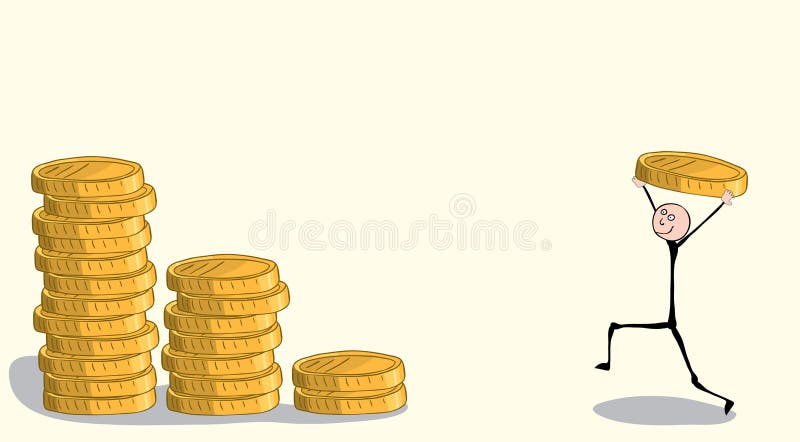 El hombre feliz con una moneda de oro grande aumentada sobre su cabeza va a apilarlos en pilas comunes Acumulación rentable de ri libre illustration El hombre feliz con una moneda de oro grande aumentada sobre su cabeza va a apilarlos en pilas comunes Acumulación rentable de ri libre illustration