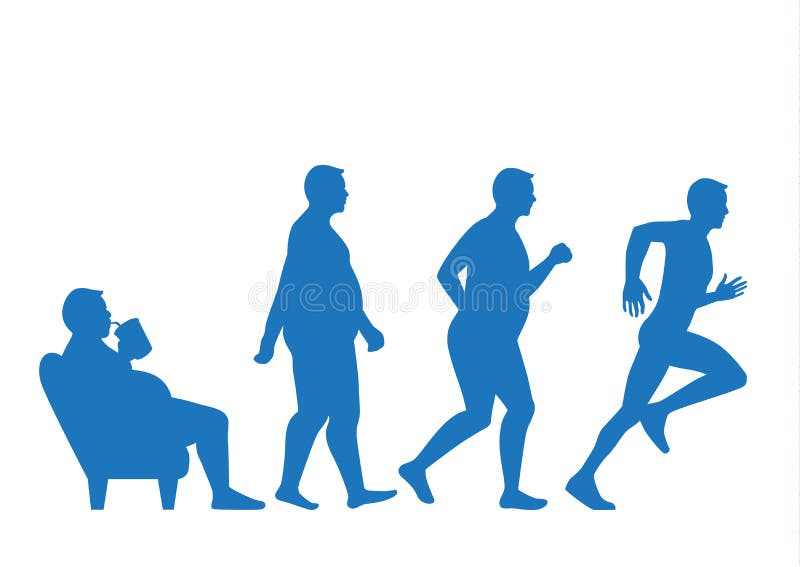 Fat man get out of sofa and change his body to slim shape in 4 step with run. This illustration about exercise concept. Fat man get out of sofa and change his body to slim shape in 4 step with run. This illustration about exercise concept.