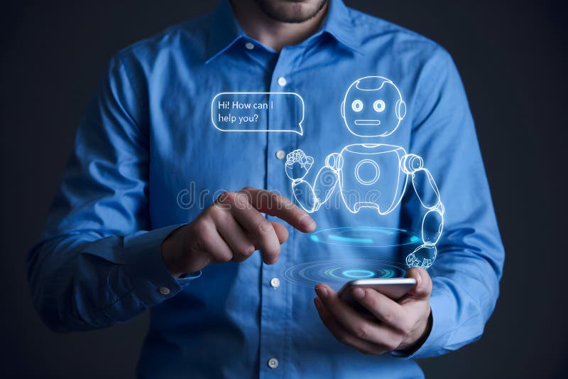 El hombre interactúa con el robot holográfico de ai que se muestra en su smartphone libre illustration