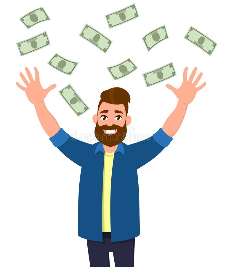 El hombre joven celebra éxito debajo de la lluvia del dinero que cae abajo libre illustration El hombre joven celebra éxito debajo de la lluvia del dinero que cae abajo libre illustration