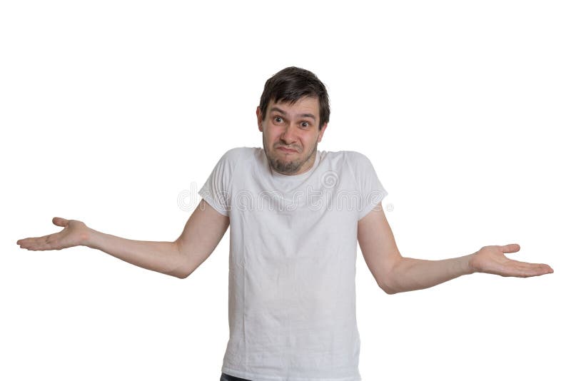 El hombre joven está mostrando no conoce gesto Aislado en el fondo blanco imagenes de archivo El hombre joven está mostrando no conoce gesto Aislado en el fondo blanco imagenes de archivo