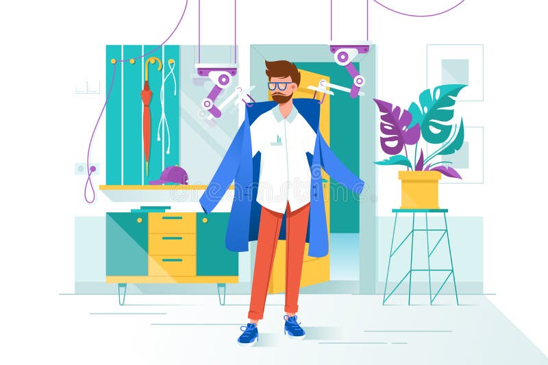 El hombre joven plano con el vidrio y la barba est? llevando el robot en casa stock de ilustración