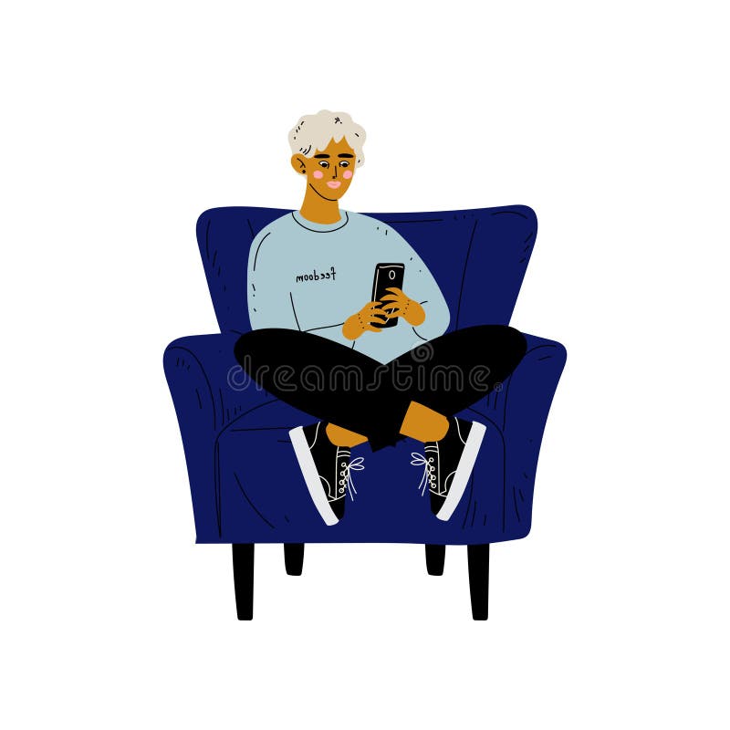 El hombre joven que se sienta en butaca con Smartphone, Guy Spending Weekend en casa y relajándose, descansa en casa vector ilustración del vector El hombre joven que se sienta en butaca con Smartphone, Guy Spending Weekend en casa y relajándose, descansa en casa vector ilustración del vector