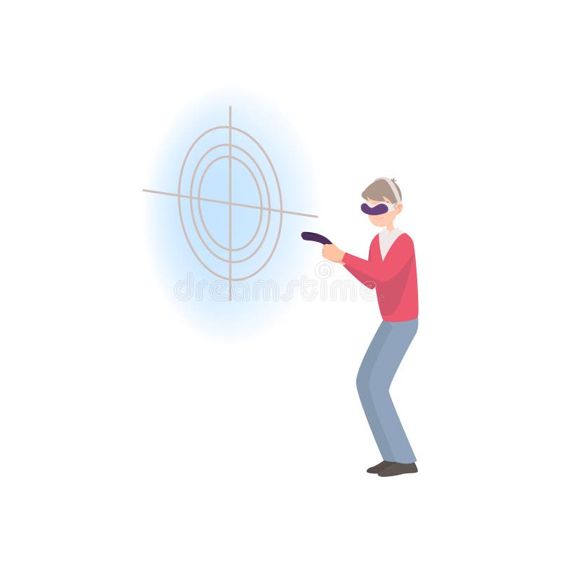 El hombre lleva gafas de la realidad virtual y juega a la pistola en tiempo real libre illustration El hombre lleva gafas de la realidad virtual y juega a la pistola en tiempo real libre illustration